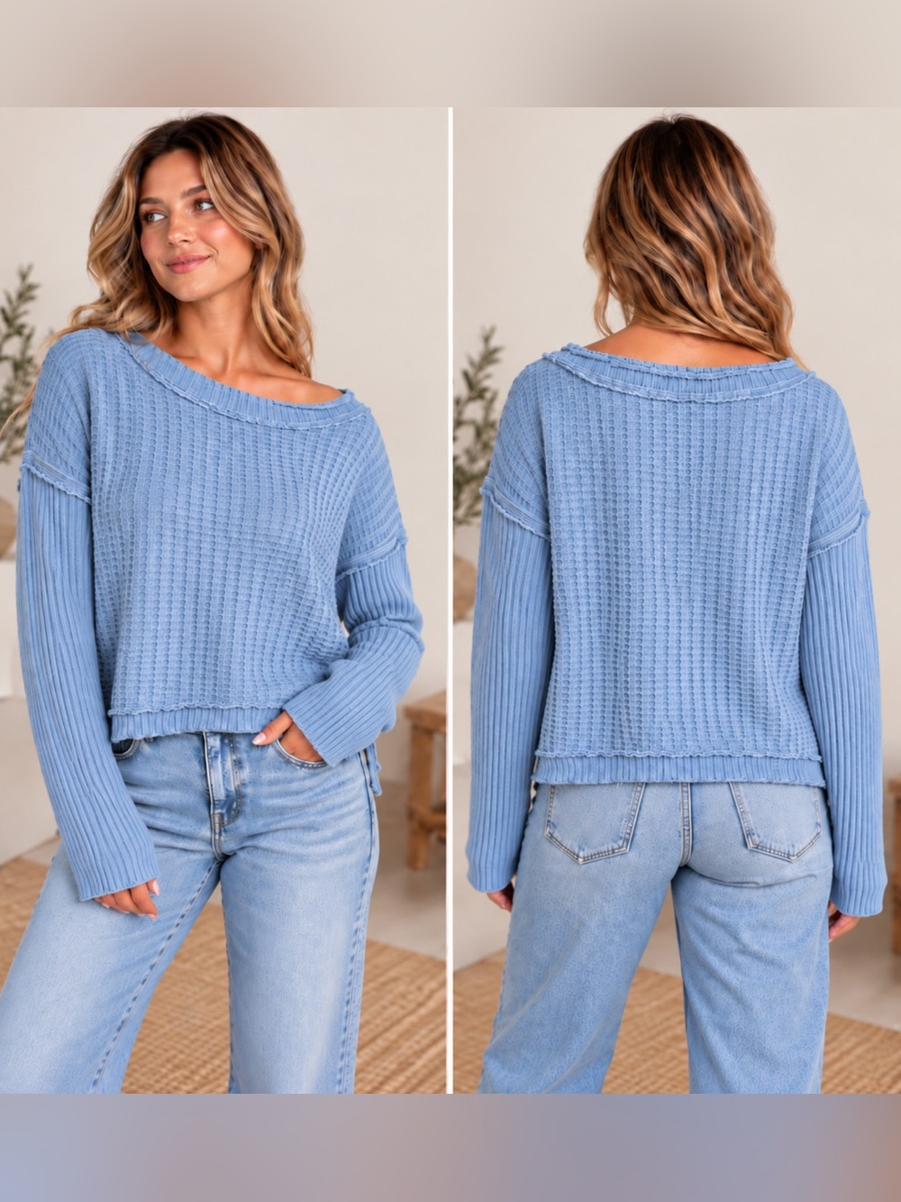 We The Free Free People Blue Waffle Knit Thermal Oversized Cropped Top Small